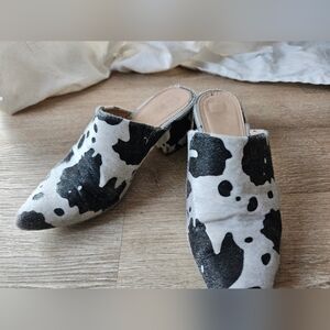 Cow print mules